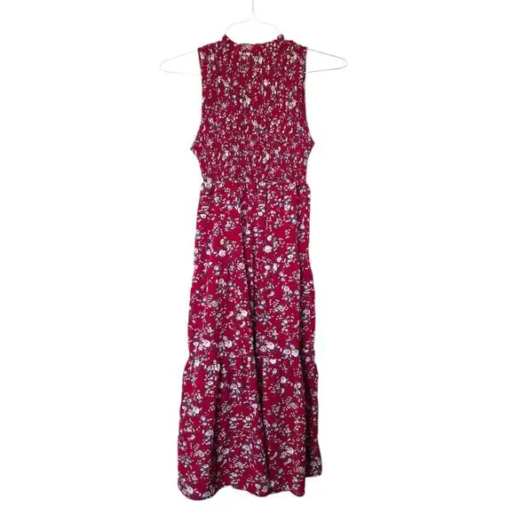 Red Floral Smocked Sleeveless Midi Dress Women’s Small - Picture 6 of 8
